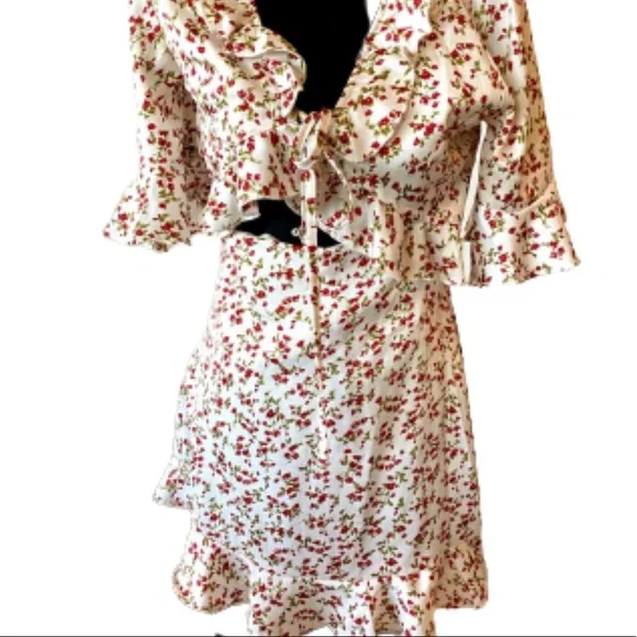 NEW floral summer mini dress front tie ruffled keyhole cutout pinup retro LARGE - Picture 4 of 16